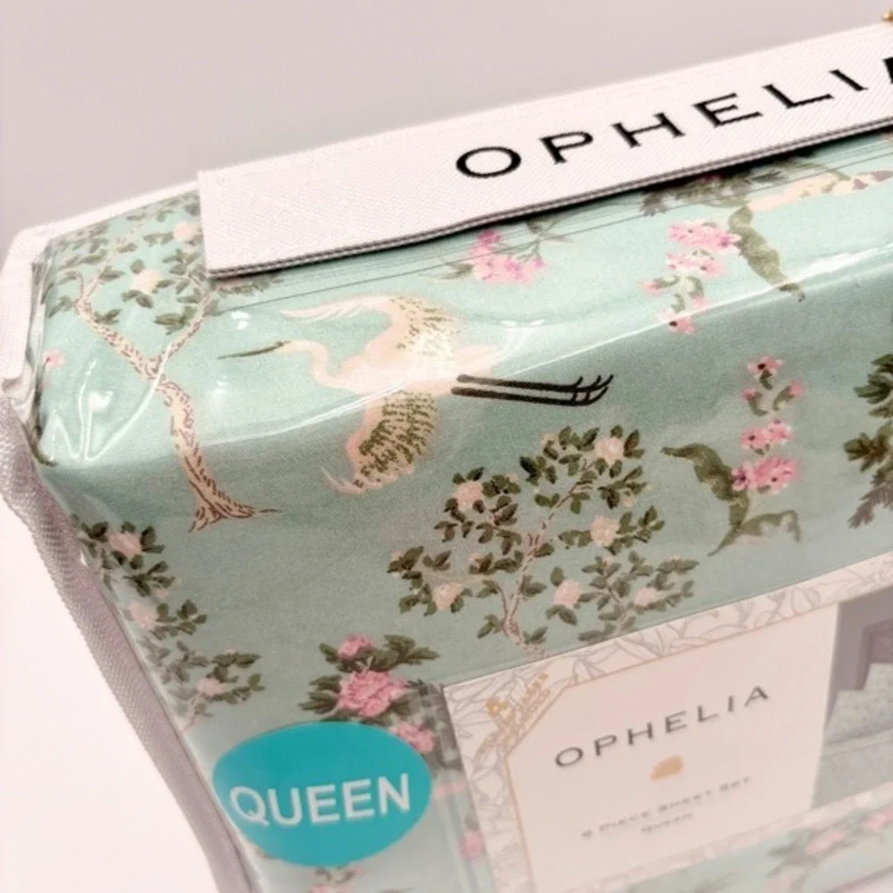 Ophelia Queen 6 Piece Sheet Set Mint Green Crane Floral Chinoiserie Spring Boho‎